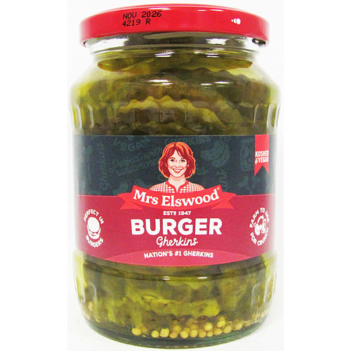 Mrs Elswood Burger Gherkins 330g pack shot