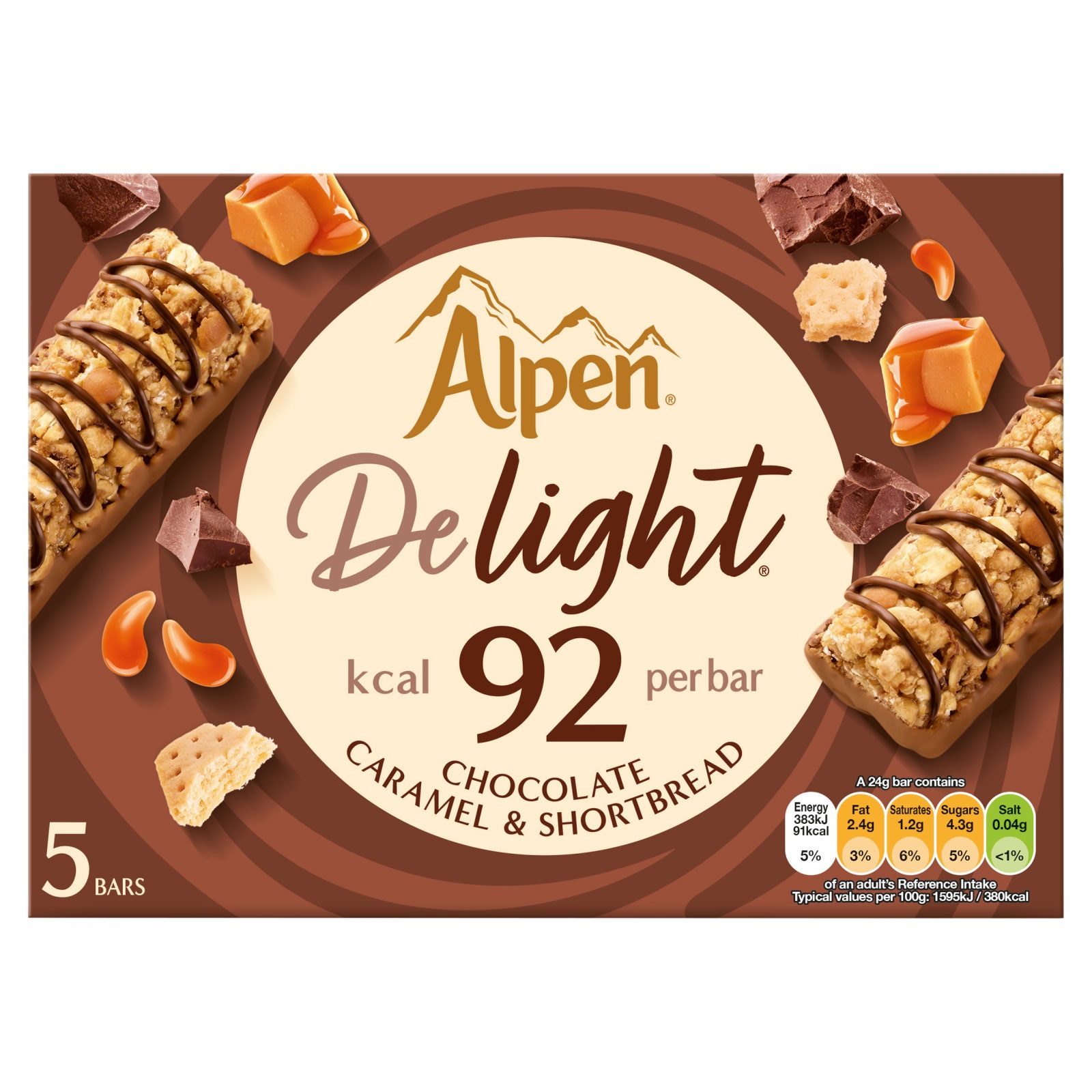 Alpen Delight Cereal Bars Choco Caramel & Shortbread 5pk (5 x 19g) 95g pack shot
