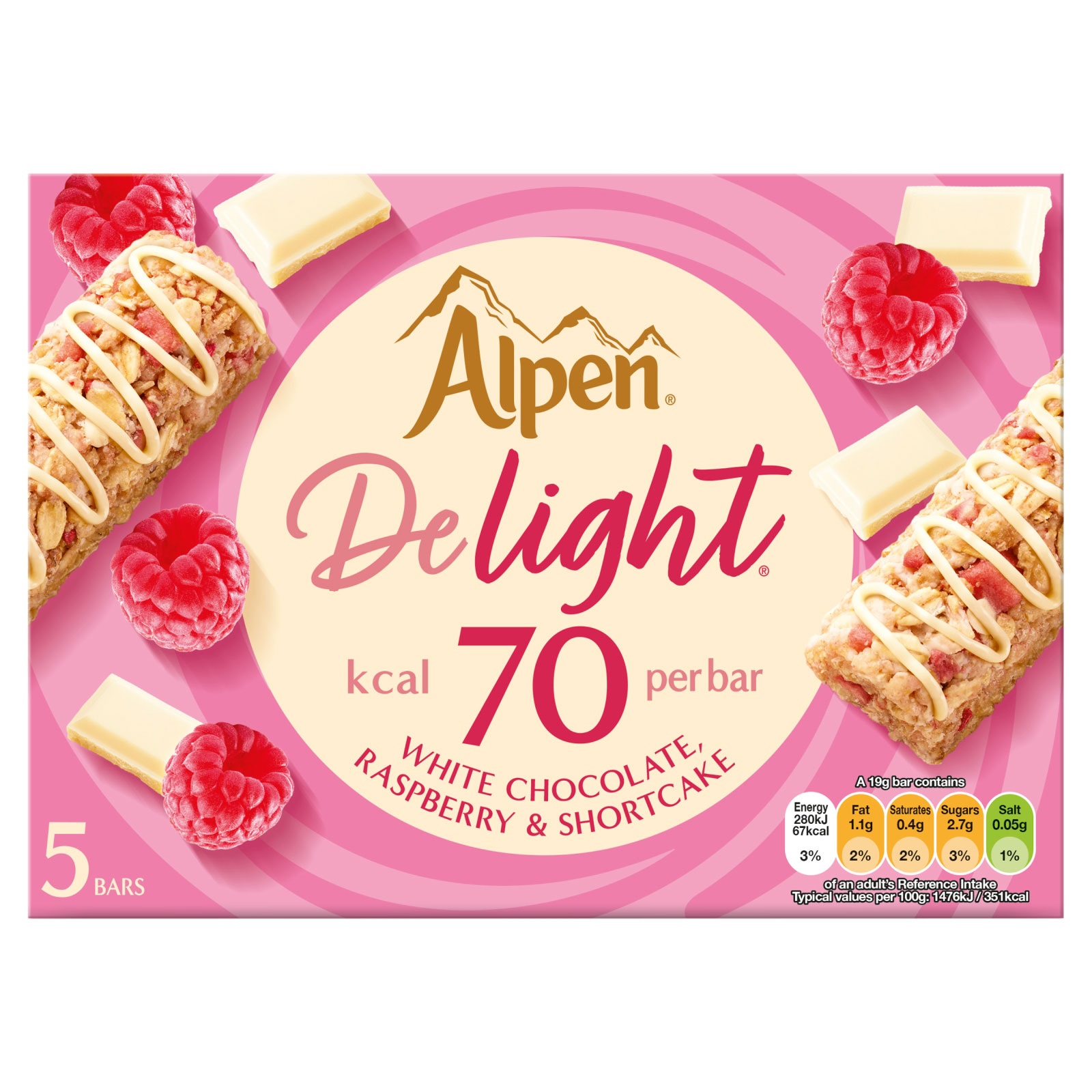 Alpen Delight Cereal Bars White Choco Rasp & Shortcake 5pk (5 x 19g) 95g pack shot