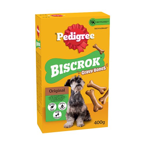 Pedigree Biscrok Gravy Bones Biscuits Original Dog Treats 400g pack shot