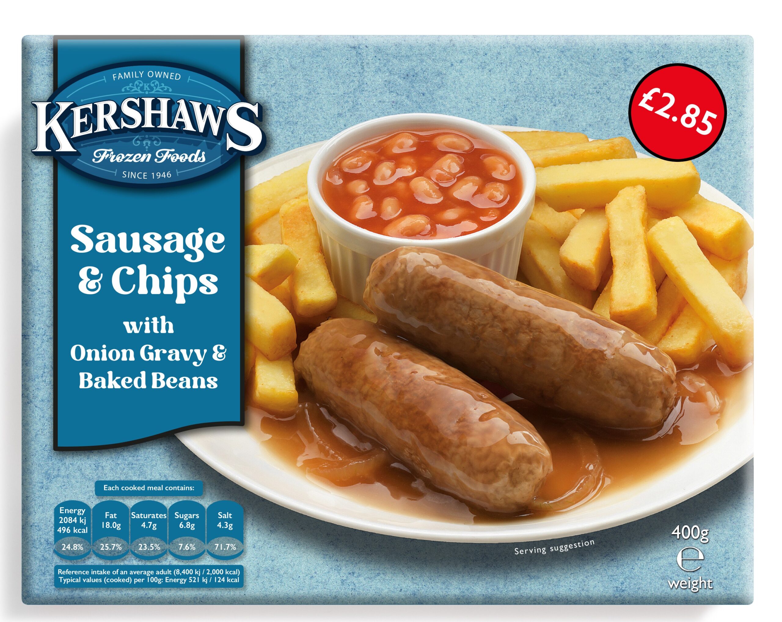 12 Kershaws Sausage & Chips £2.85 400g pack shot
