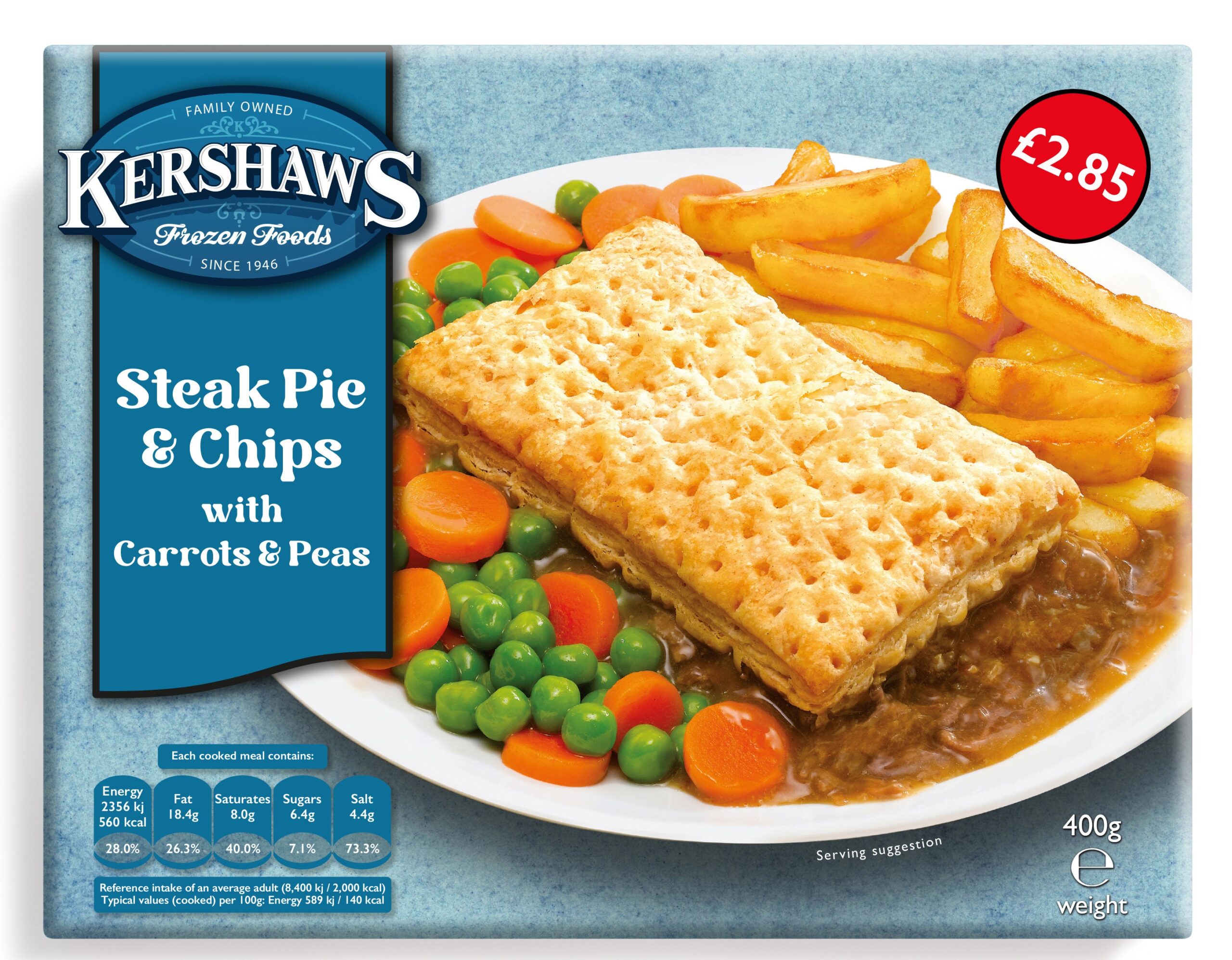 12 Kershaws Steak Pie & Chips £2.85 400g pack shot