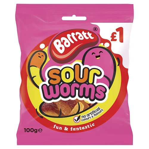 Barratt Fun & Fantastic Sour Worms PM £1 100g pack shot