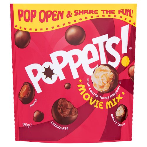 Poppets Movie Mix Choco Coated Toffee Popcorn 180g pack shot