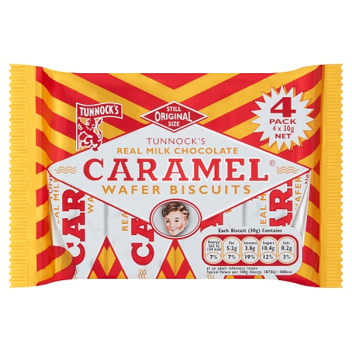 Tunnocks Real Milk Chocolate Caramel Wafer Biscuits (4 x 30g) pack shot