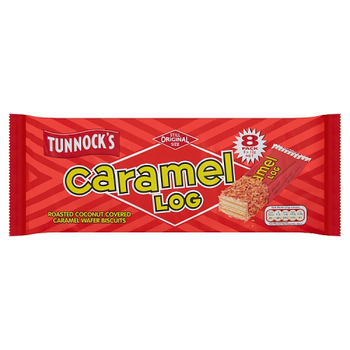 Tunnocks Caramel Log Roasted Coconut Covered Caramel Wafer Biscuits (8 x 32g) pack shot