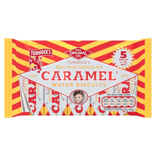 Tunnocks Real Milk Chocolate Caramel Wafer Biscuits (5 x 30g) pack shot