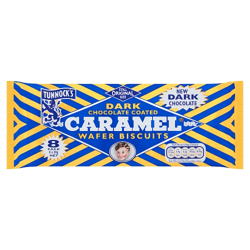 Tunnocks Dark Chocolate Coated Caramel Wafer Biscuits (8 x 30g) pack shot