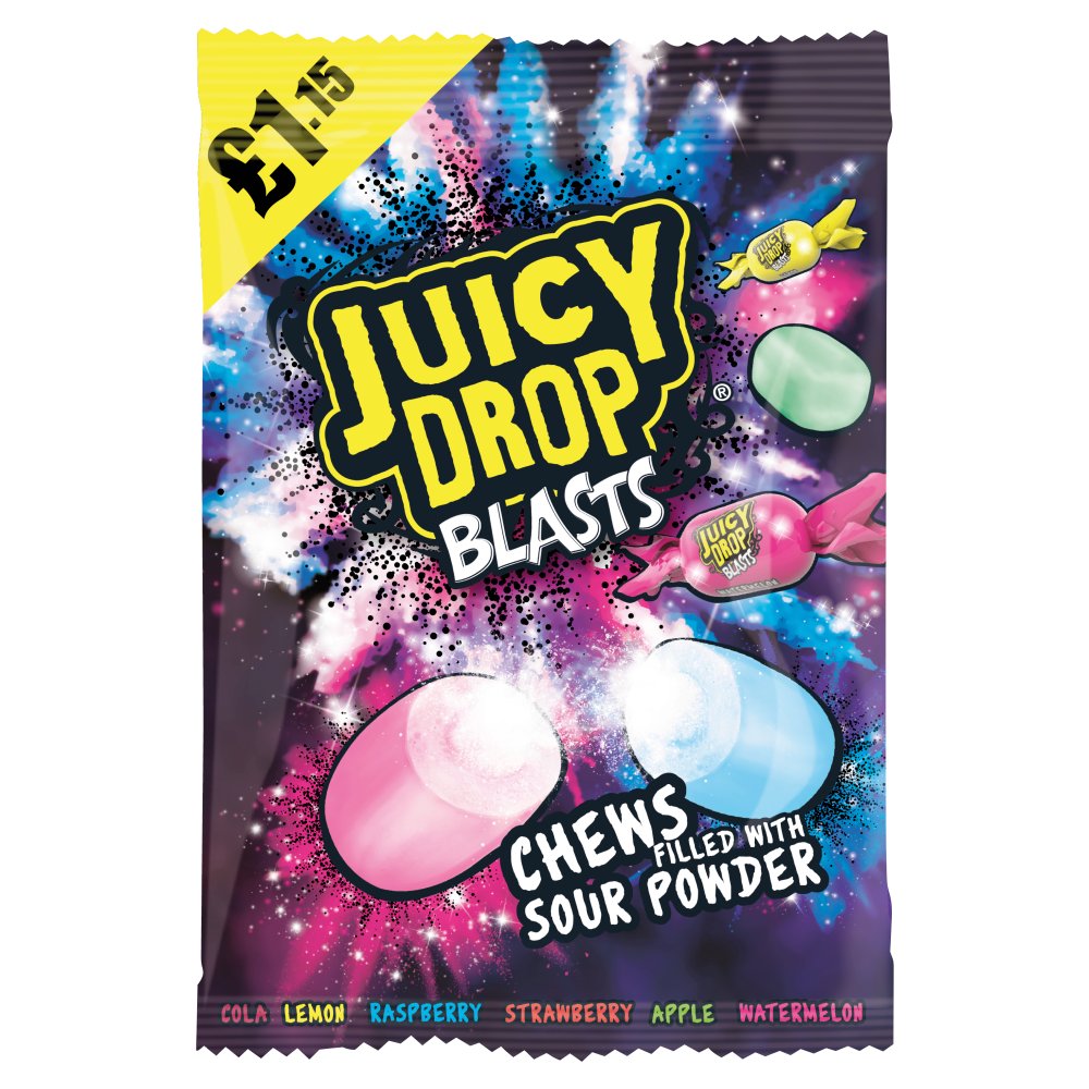 Bazooka Juicy Drop Blasts PM £1.15 120g pack shot