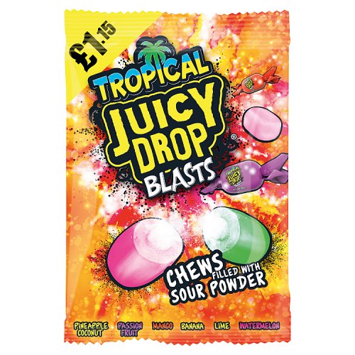 Bazooka Juicy Drop Blasts Tropical PM £1.15 120g pack shot