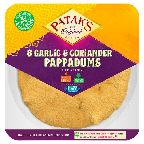 Pataks Ready To Eat Garlic & Coriander Pappadums 80g pack shot