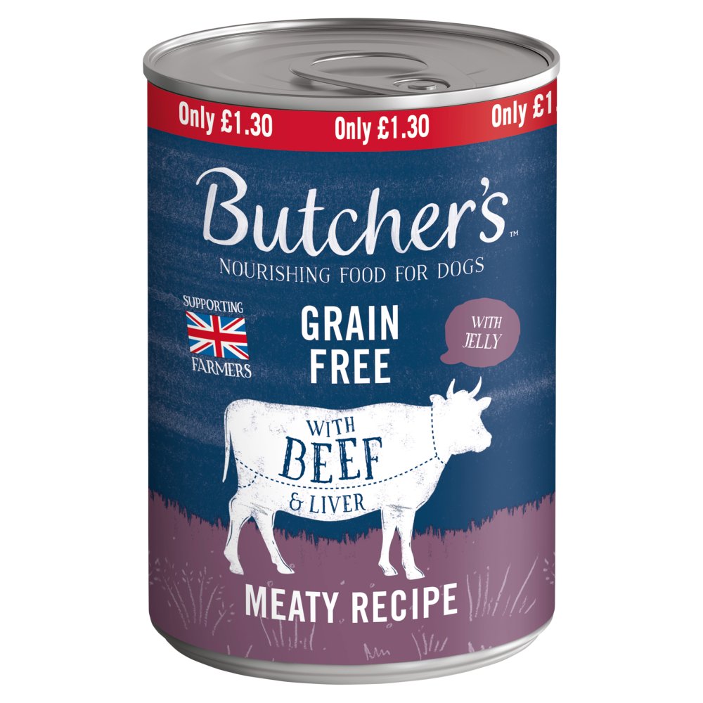 Butchers Beef & Liver Chunks In Jelly Dog Food Tin 400g PMP pack shot
