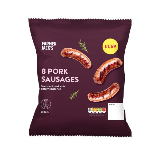 Farmer Jacks 8 Pork Sausages PM £1.69 360g pack shot