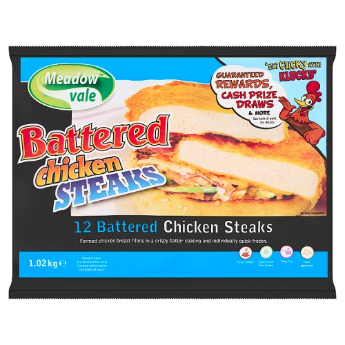 Meadow Vale Battered Chicken Steaks 1kg pack shot