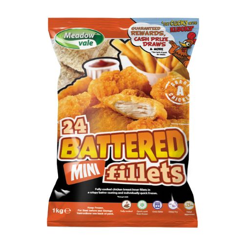 Meadow Vale Battered Mini Chicken Fillets 1kg pack shot