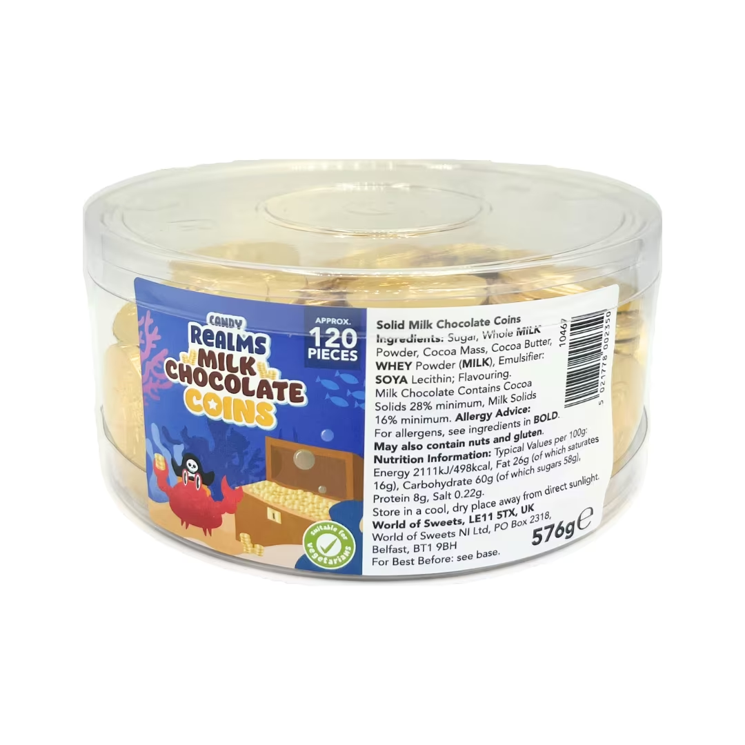Candy Realms Milk Chocolate Coins Tub 576g pack shot