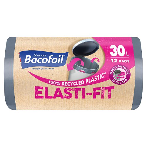 Bacofoil Elasti-Fit Bin Bags 100% Recycled 30Ltr pack shot
