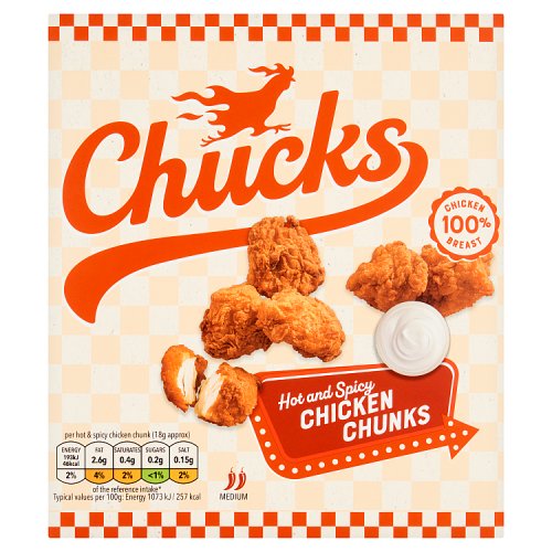 Chucks Hot & Spicy Chicken Chunks 225g pack shot