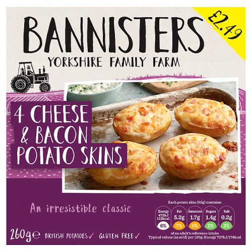 Bannisters Farm 4 Cheese& Bacon Potato Skins PM £2.49 260g pack shot