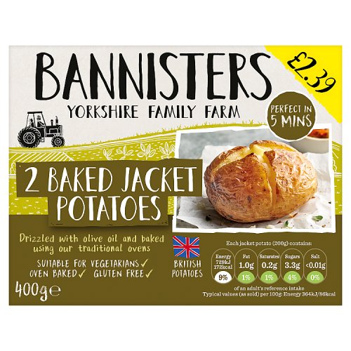 Bannisters Farm 2 Baked Jacket Potatoes PM £2.39 400g pack shot