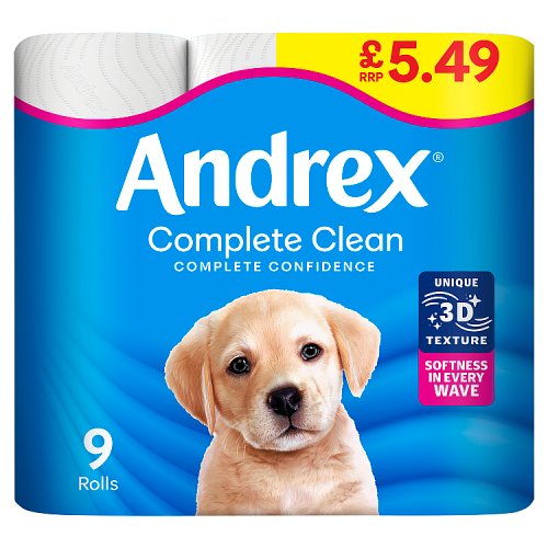 Andrex Complete Clean PM £5.49 9 Rolls (9 x 190 Sheets) pack shot