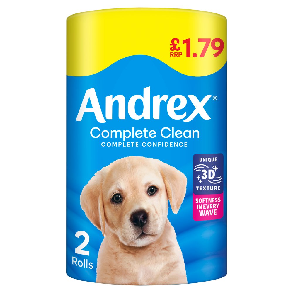 Andrex Toilet Tissue Complete Clean 2s (2 x 190 Sheets) PMP pack shot