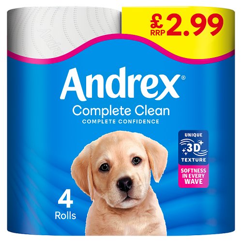 Andrex Toilet Tissue Complete Clean PM £2.99 4 Rolls (4 x 190sheets) pack shot