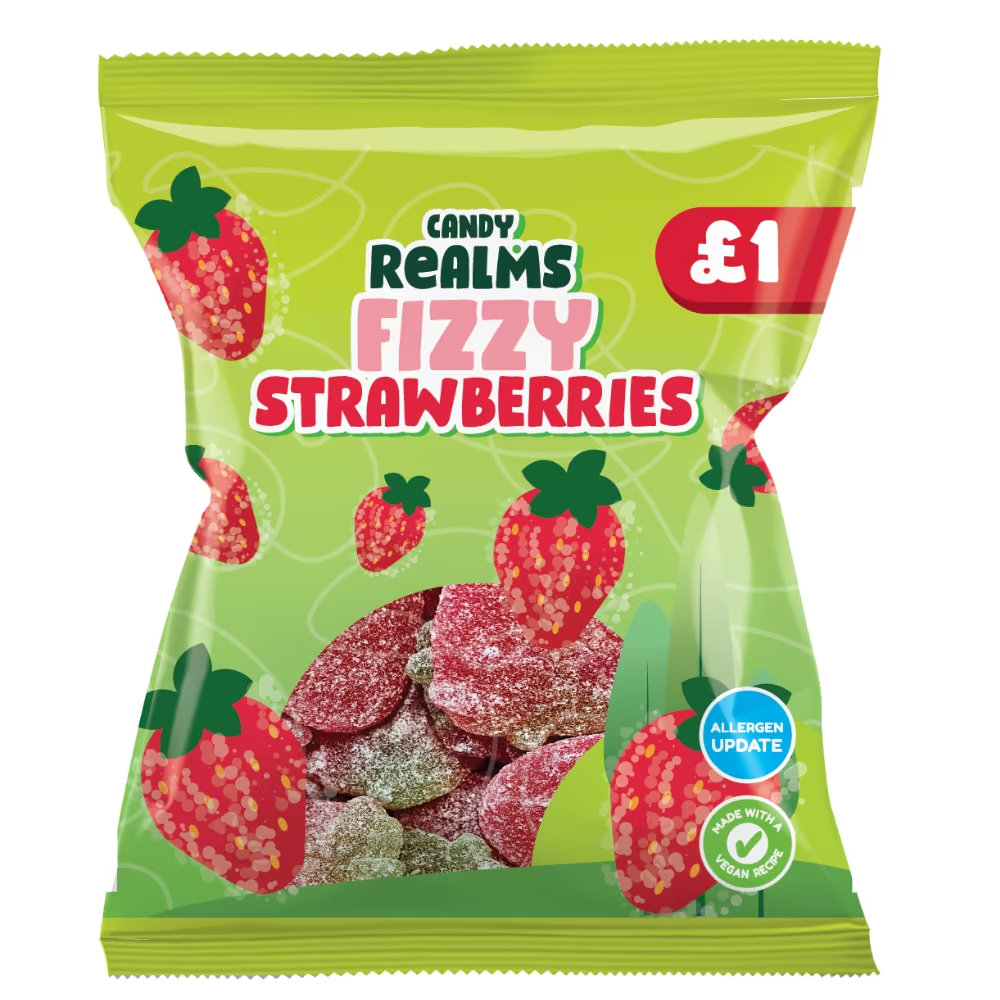 Candy Realms Fizzy Strawberries Bag 160g PM £1 pack shot