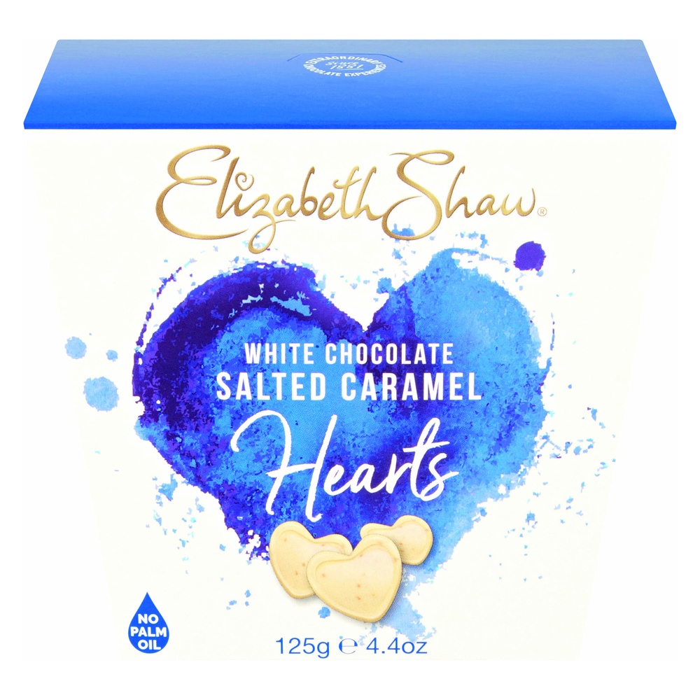 Elizabeth Shaw White Salted Caramel Hearts 125g pack shot