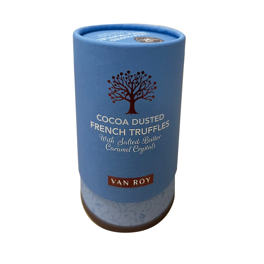 Van Roy Cocoa Truffles With Salted Caramel In Rigid Tube 150g pack shot