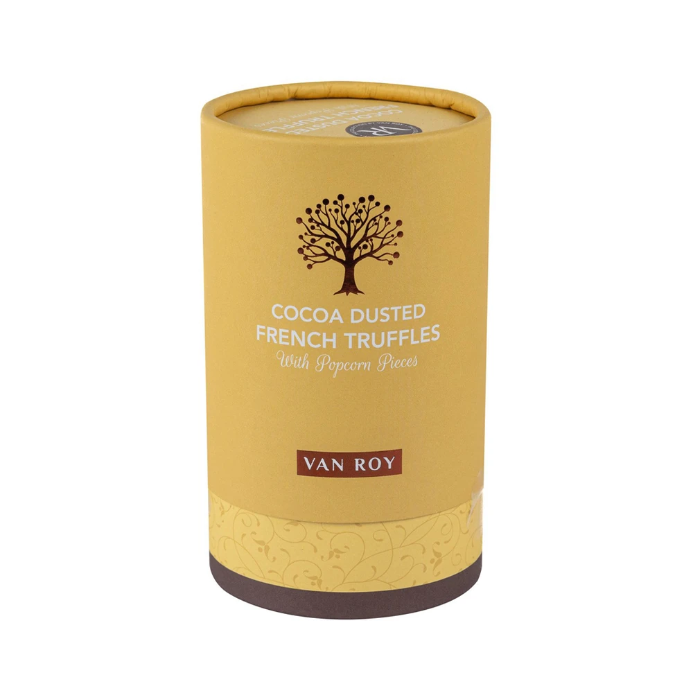 Van Roy Cocoa Truffles With Popcorn Pieces In Rigid Tube 150g pack shot
