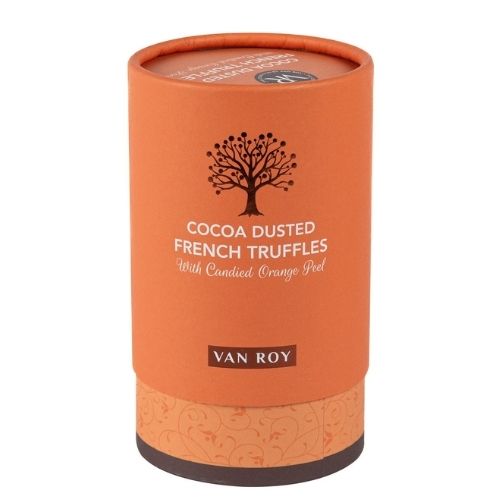 Van Roy Cocoa Truffles With Candied Orange Peel In Rigid Tube 150g pack shot