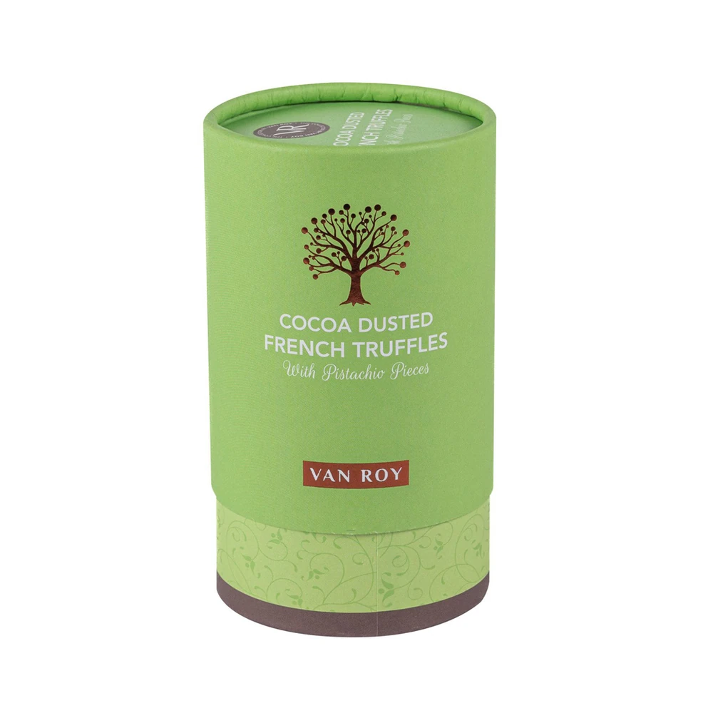 Van Roy Cocoa Truffles With Pistachio Pieces In Rigid Tube 150g pack shot