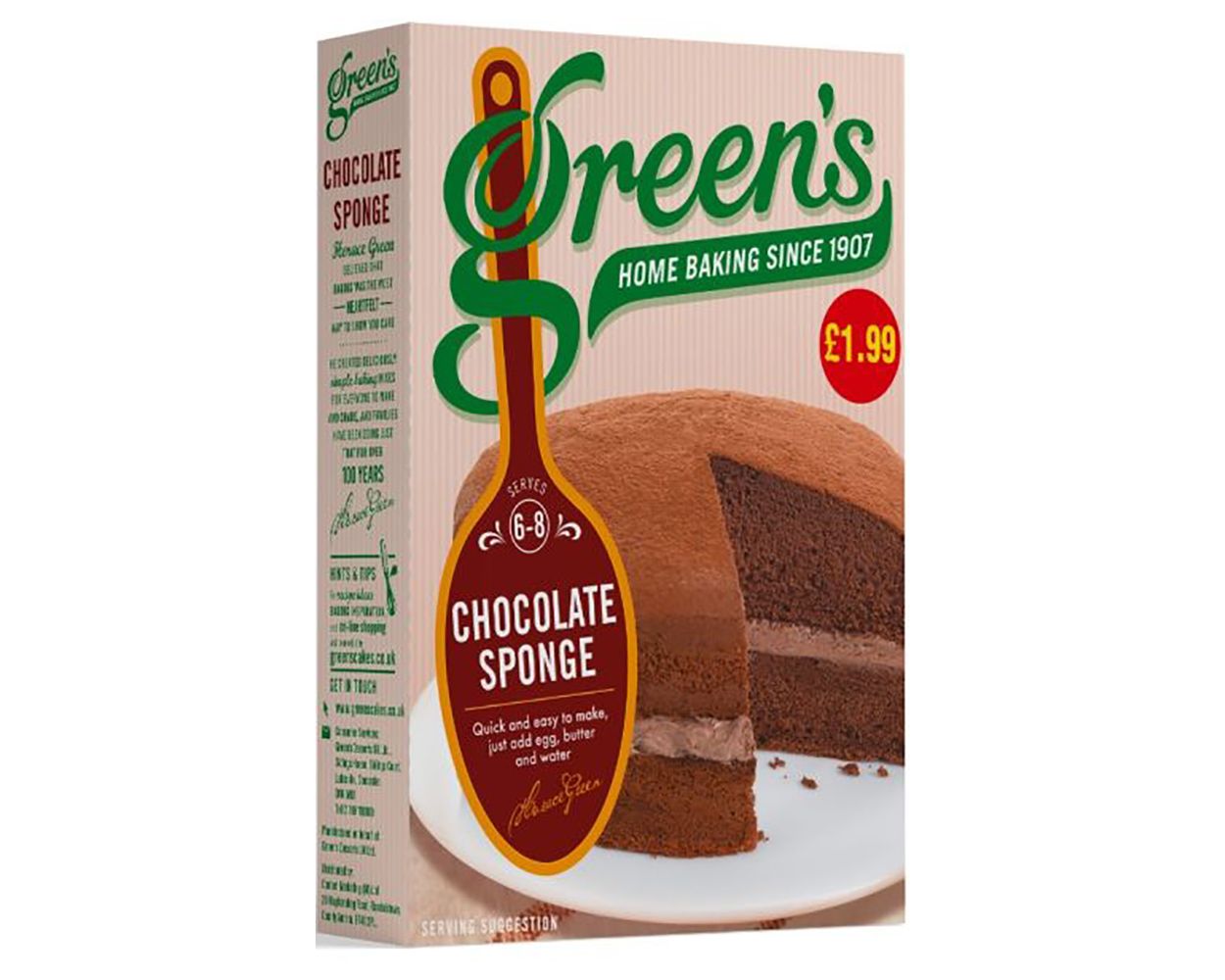 Green's Chocolate Sponge Cake Mix 221g PM £1.99 pack shot