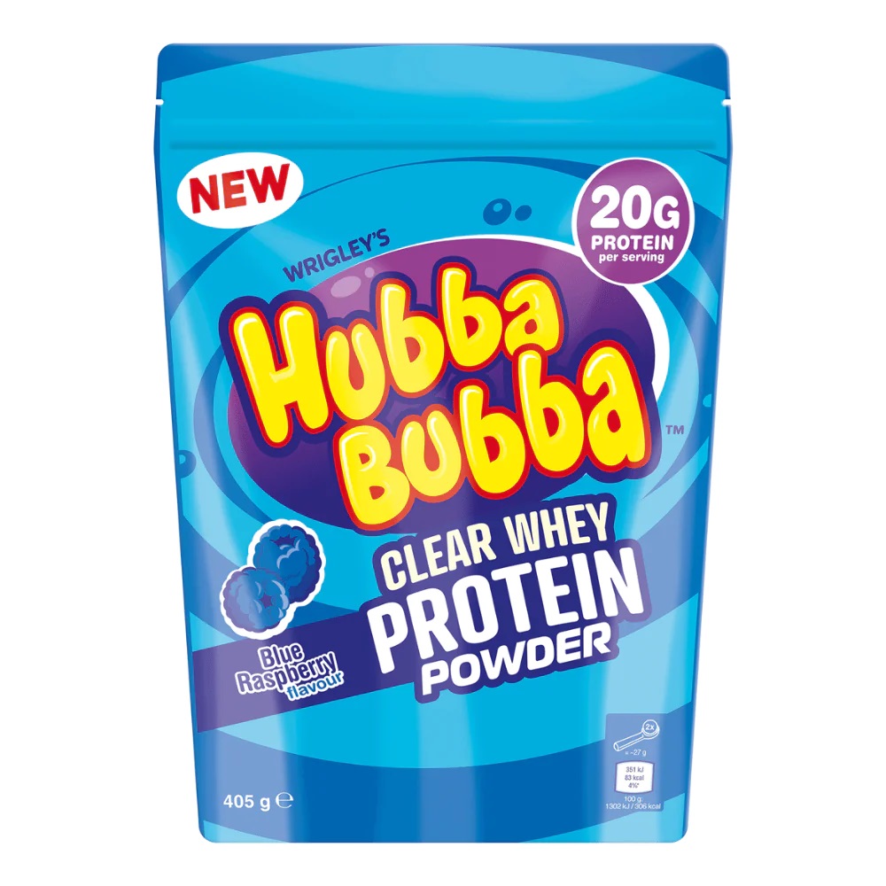 Hubba Bubba Blue Raspberry Clear Whey Powder Pouch 405g pack shot