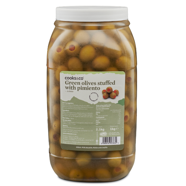 Cooks & Co Green Olives Stuffed With Pimiento 2.1kg pack shot