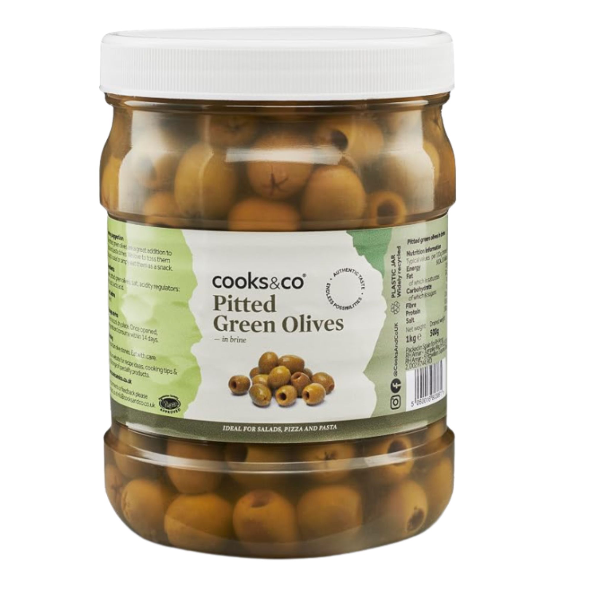 Cooks & Co Olives Pitted Green 1kg pack shot