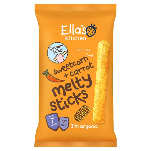 Ellas Kitchen Organic Sweetcorn & Carrot Melty Sticks 7+ Months 16g pack shot