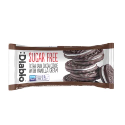Diablo Extra Dark Sandwich Cookies With Vanilla Cream SF 44g pack shot