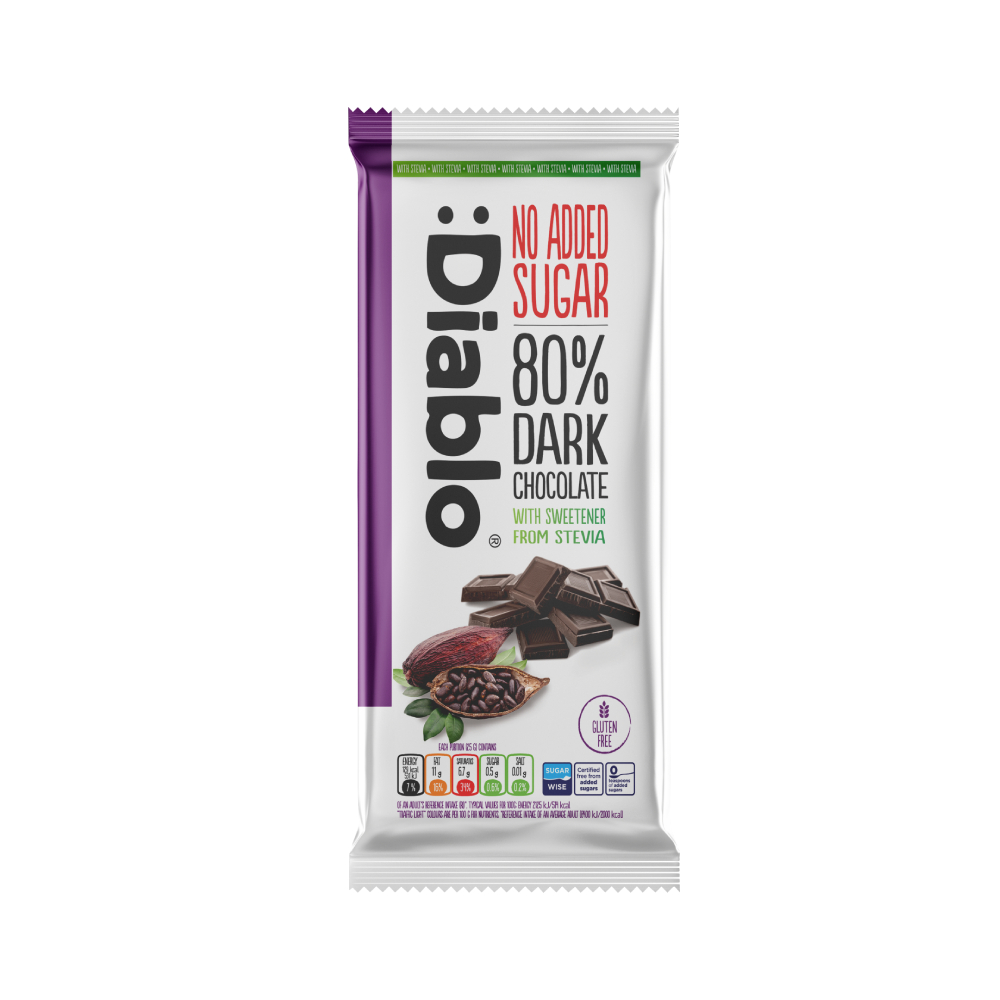 Diablo Stevia Dark Chocolate 80% NAS 75g pack shot