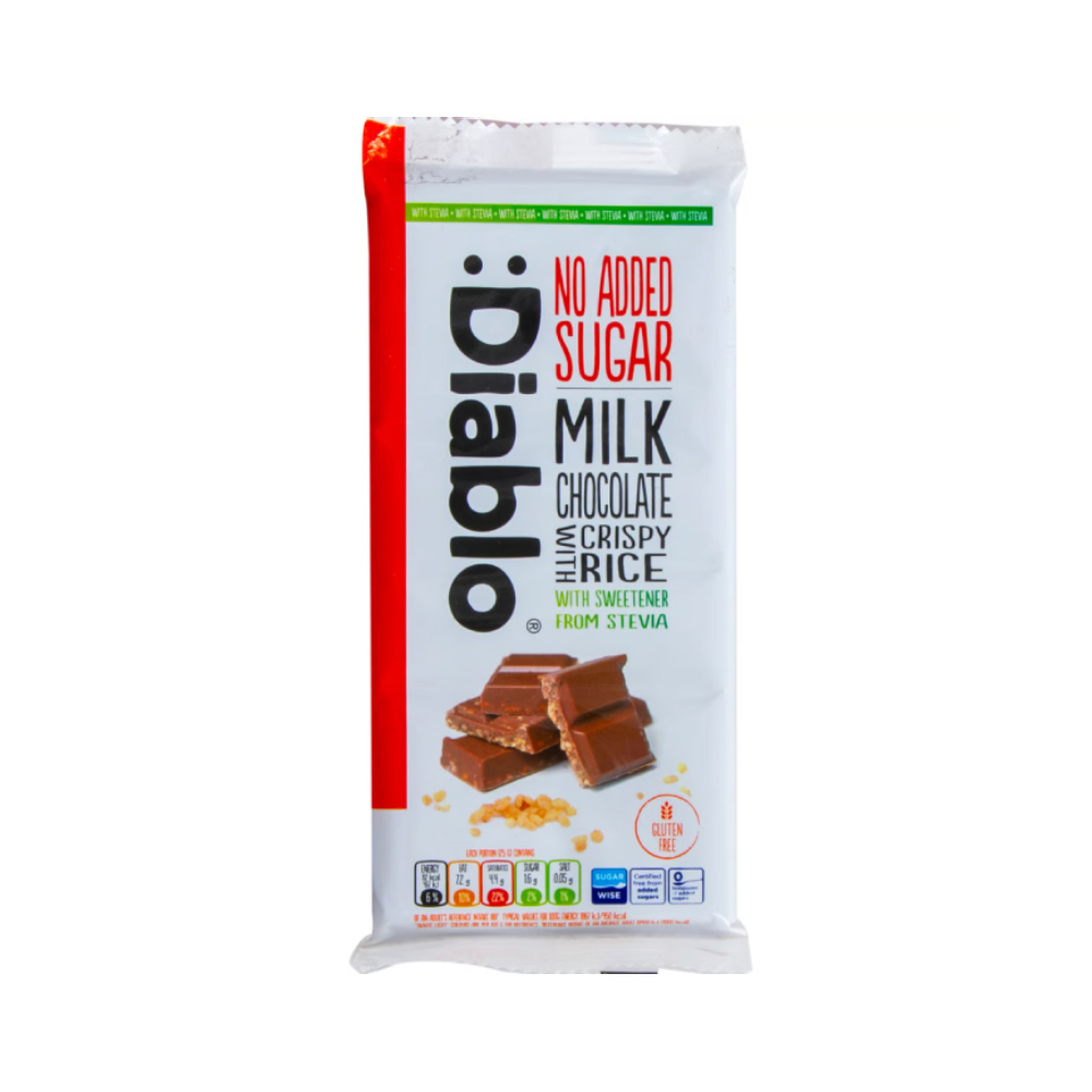 Diablo Stevia Milk Chocolate With Crispy Rice 75g pack shot