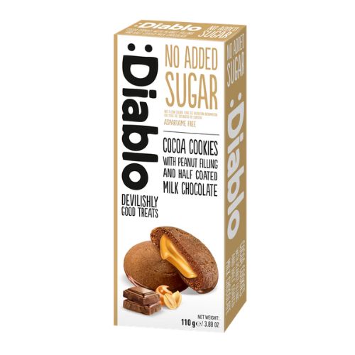 Diablo Cocoa Cookies With Peanut Filling And Half Coated Milk Chocolate 110g pack shot