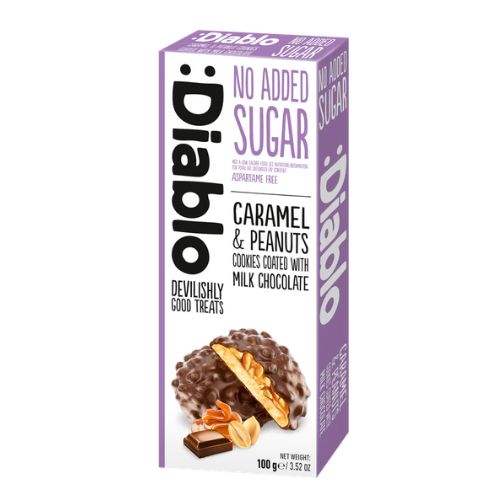 Diablo Caramel & Peanut Cookies Coated With Milk Chocolate 100g pack shot