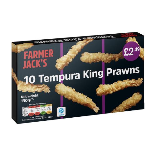 Farmer Jacks 10 Crispy Tempura King Prawns PM £2.49 130g pack shot