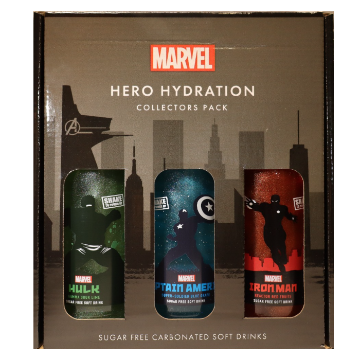 MARVEL Hero Hydration 1 x Captain America, 1 x Hulk and 1 x Iron Man (3 x 330ml) pack shot