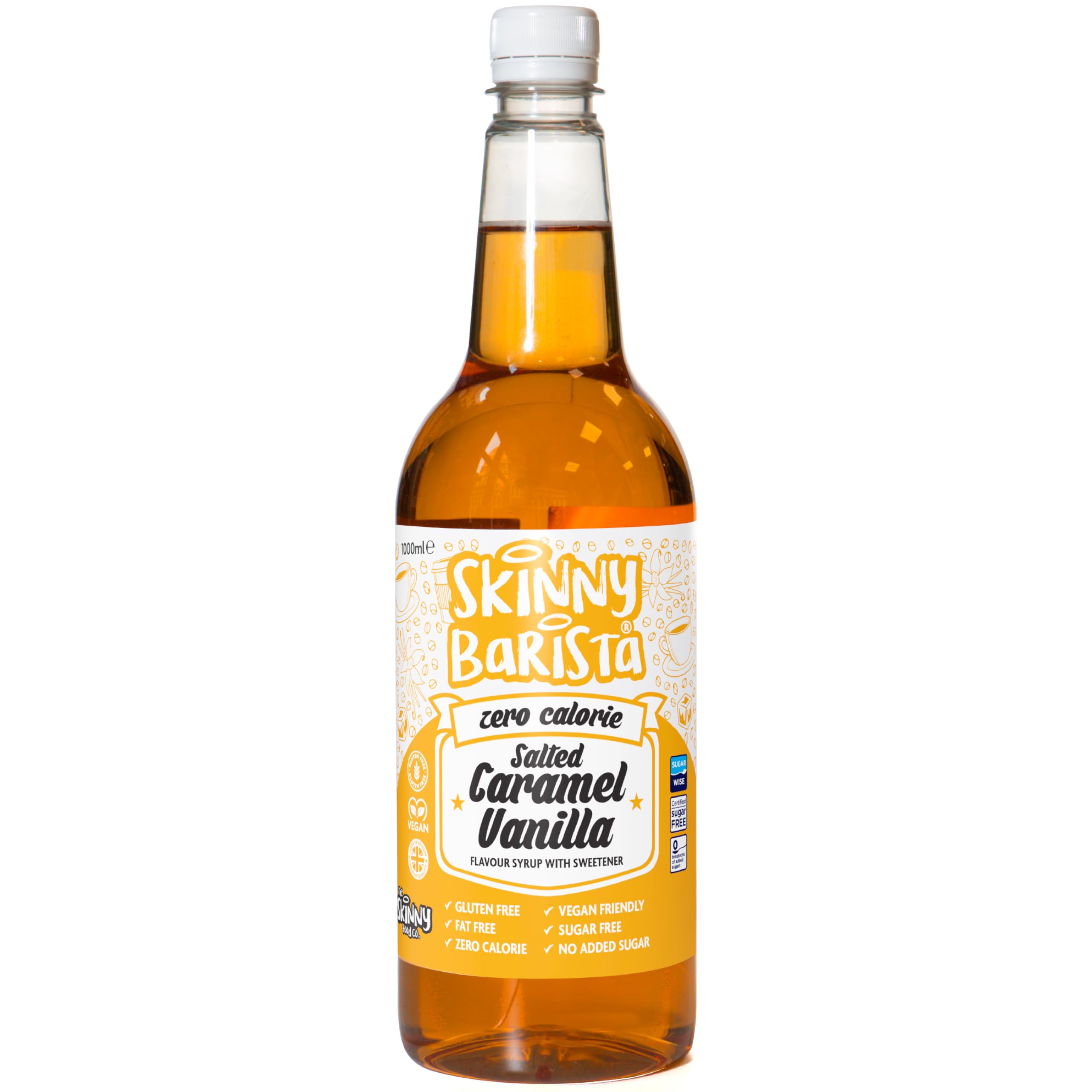 Skinny Food Zero Calorie Salted Caramel Vanilla Barista Coffee Syrup 1Ltr pack shot