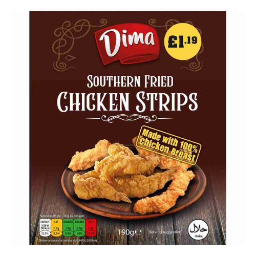 Dima Southern Fried Chicken Strips PM £1.19 190g pack shot