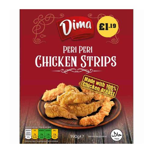 Dima Peri Peri Chicken Strips PM £1.19 190g pack shot