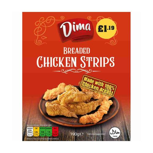 Dima Breaded Chicken Strips PM £1.19 190g pack shot