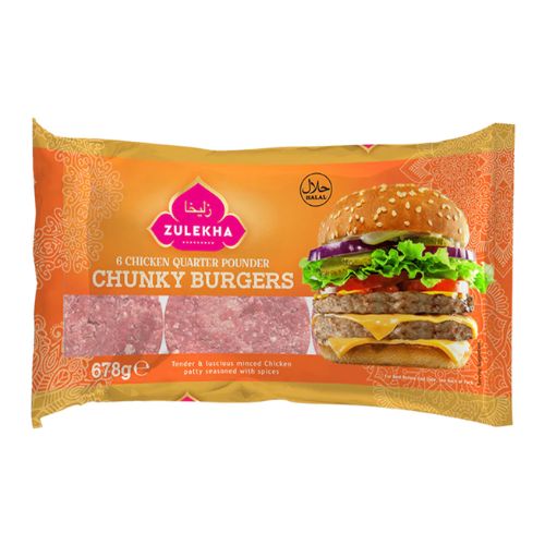 Zulekha Chicken Quarter Pounder Burgers 678g pack shot